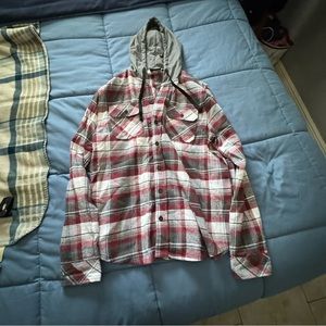 Men's Plaid Flannel Button Down Shirt with Hoodie - Medium